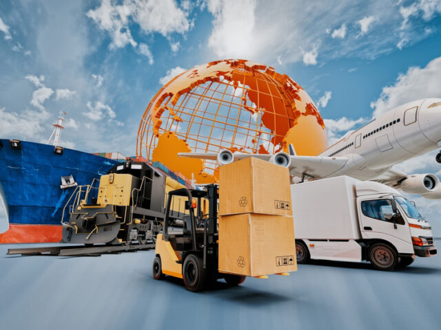 Global business of Container Cargo freight train for logistic import export, Business logistics concept , Air cargo trucking  , maritime shipping , On-time delivery. 3d rendering.