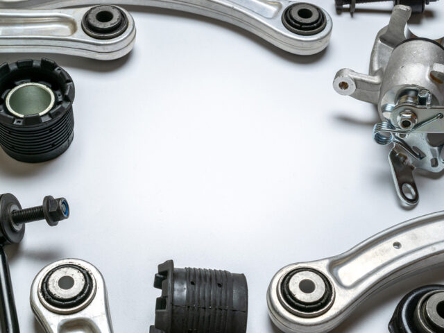 Sapre parts. Auto motor mechanic spare or automotive piece on white background. Set of new metal car part. Automobile engine service